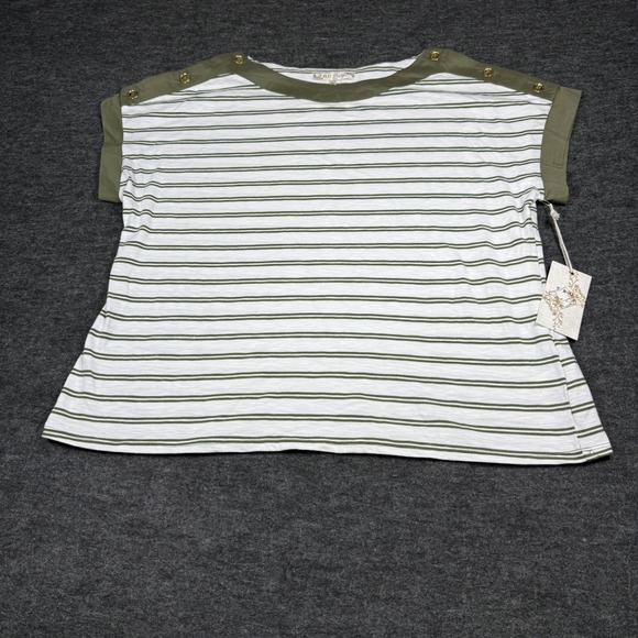 Tru Self Tops - NWT Tru Self Womens Striped Tunic Top Olive Green White XL W Button Shoulder